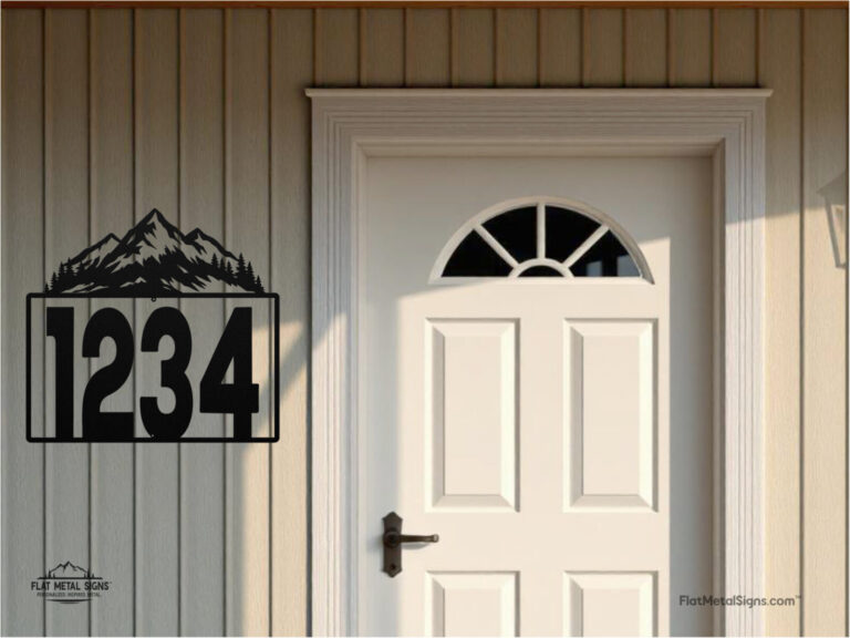 Custom steel house number sign with mountain silhouette accent