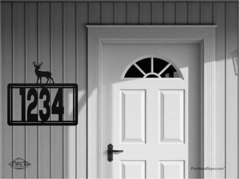 Personalized Metal House Number Sign with Buck Accent mounted outdoors