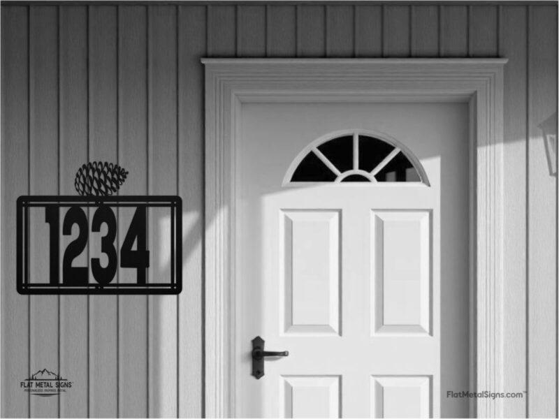 Personalized Metal House Number Sign with Pinecone Accent mounted outdoors