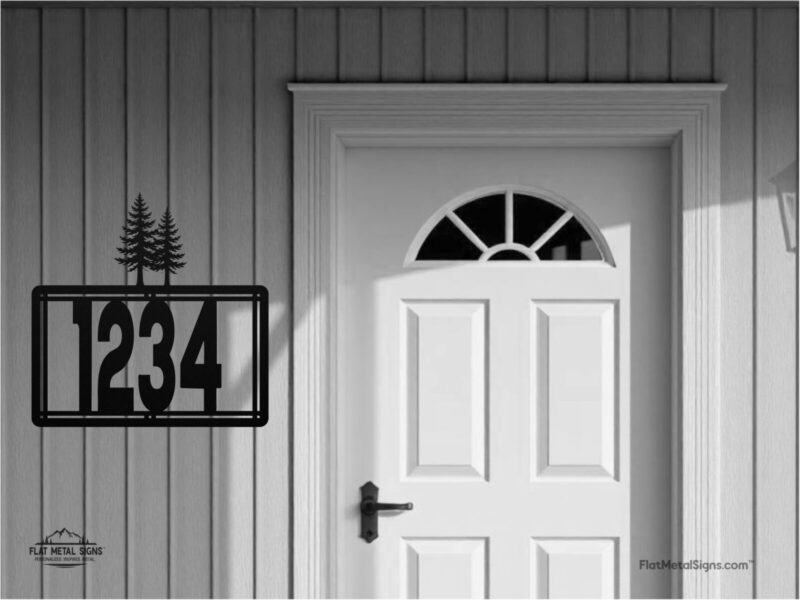 outdoor metal address sign with pine silhouettes