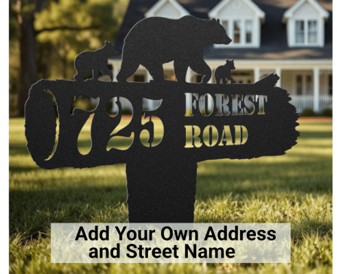 custom-metal-address-sign-yard-bear-design Custom metal bear-themed address sign in front of house – personalized yard decor